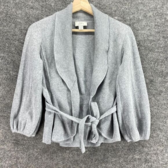 Loft Cardigan Women S Small Gray Knit Collared Open Front Belted Long Sleeve - Picture 4 of 9